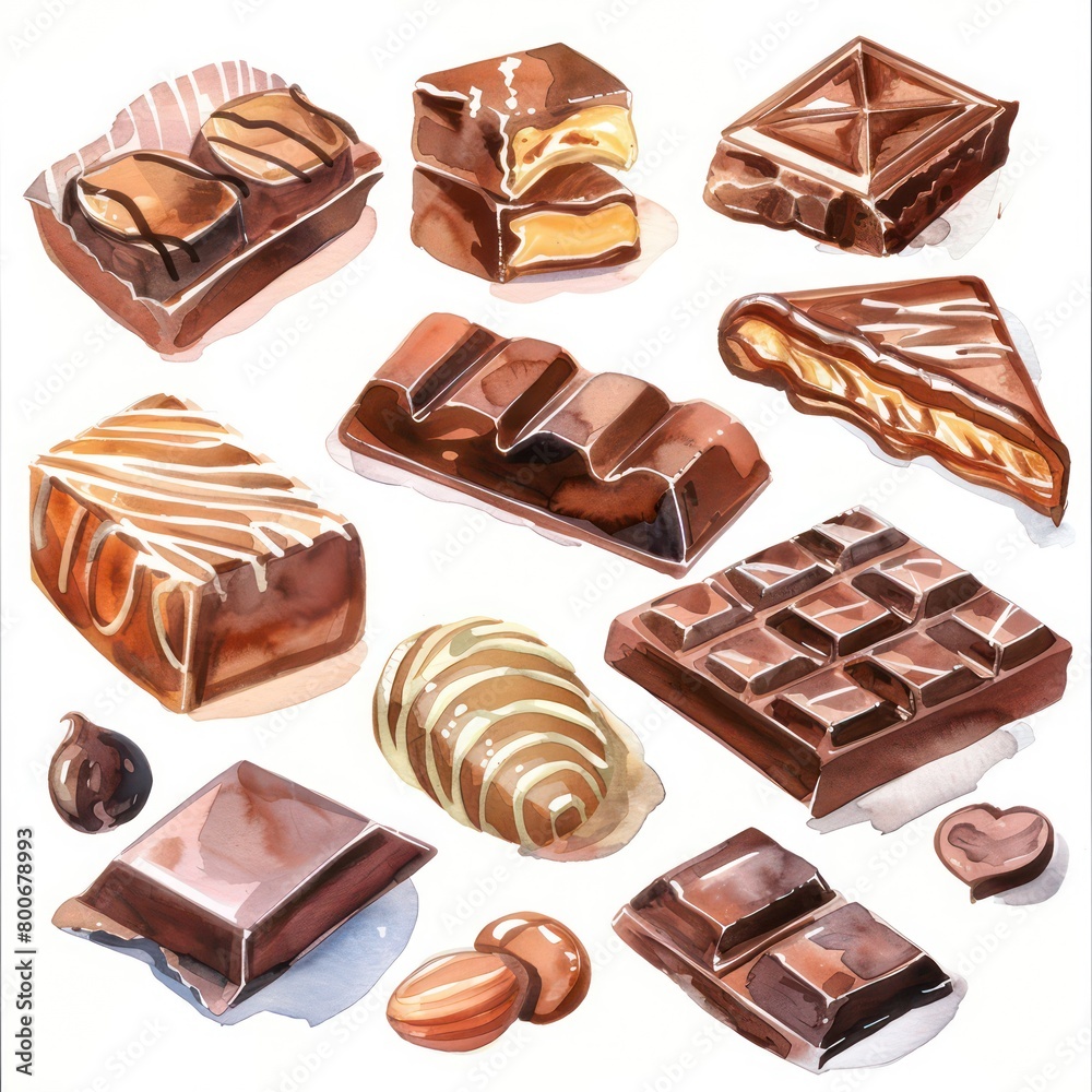 chocolate, caramel in white background with delicate and vivid watercolors chocolate, caramel in white background with delicate and vivid watercolors