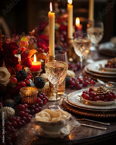 Festive table setting with fresh berries, glasses of champagne and candles