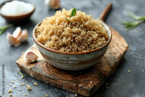 A bowl of quinoa is sitting on a wooden cutting board. The bowl is full of quinoa and has a few pieces of garlic on top photo