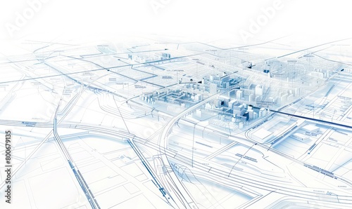 city map, transport infrastructure schemes, digital thin lines, geometric subtle elements, interface-like, white background