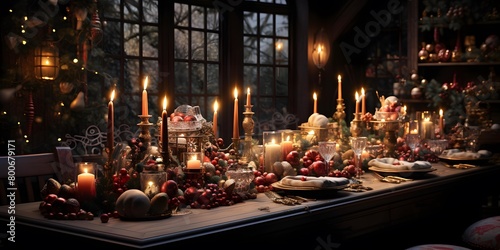 Christmas decoration in dark room. Christmas tree, candlestick, candles, baubles, gingerbread, red berries, lights.
