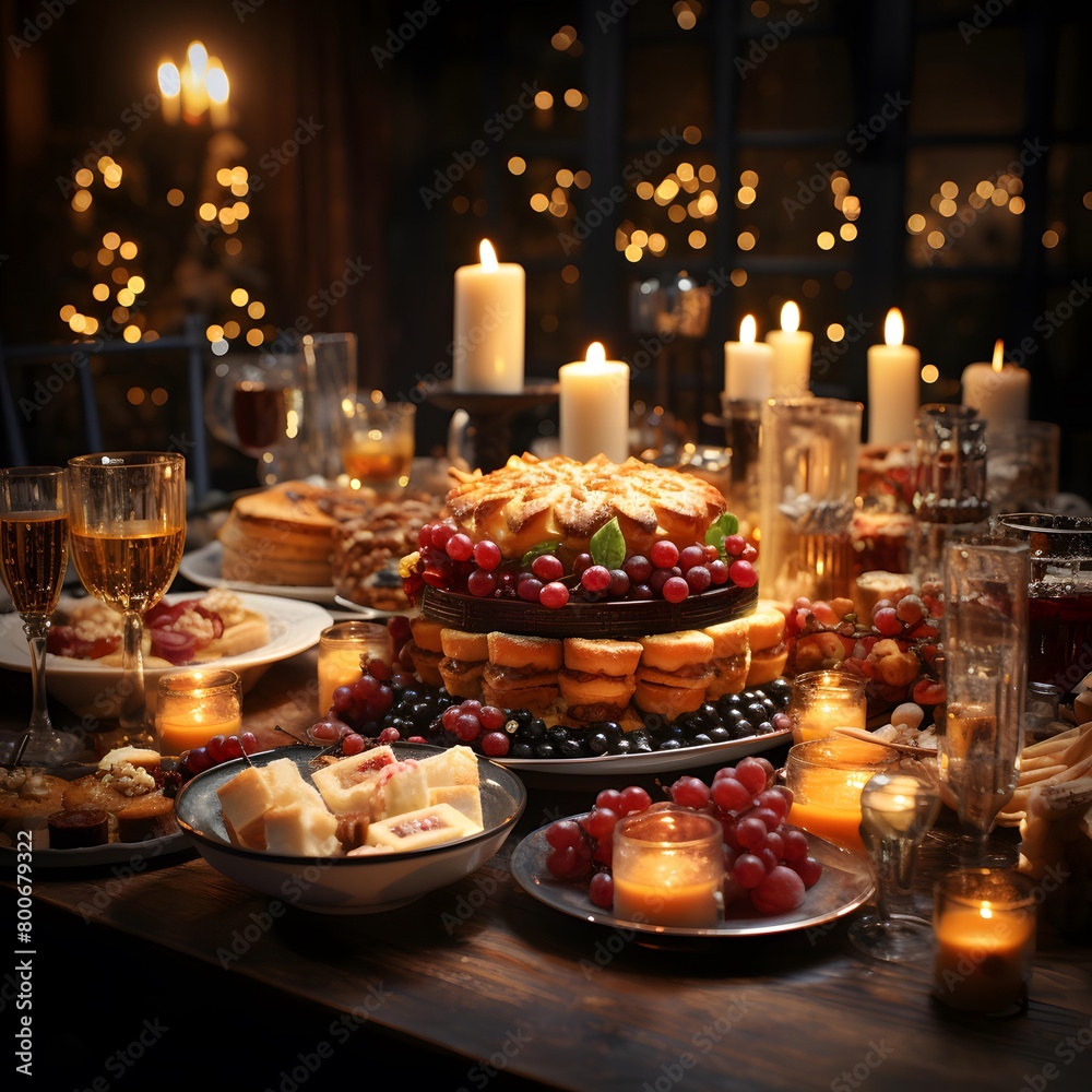 Wedding table decorated with sweets, candies and candles.