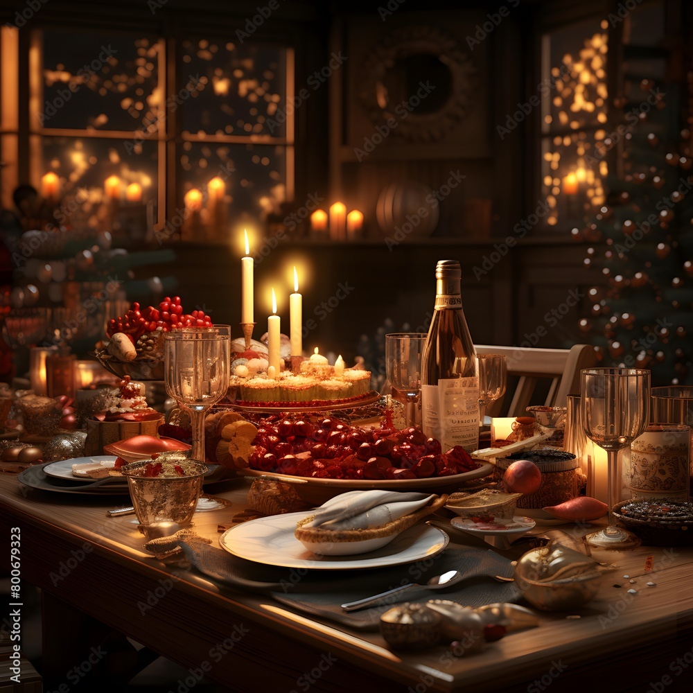 Christmas table with gifts, candles and sweets. 3d rendering.