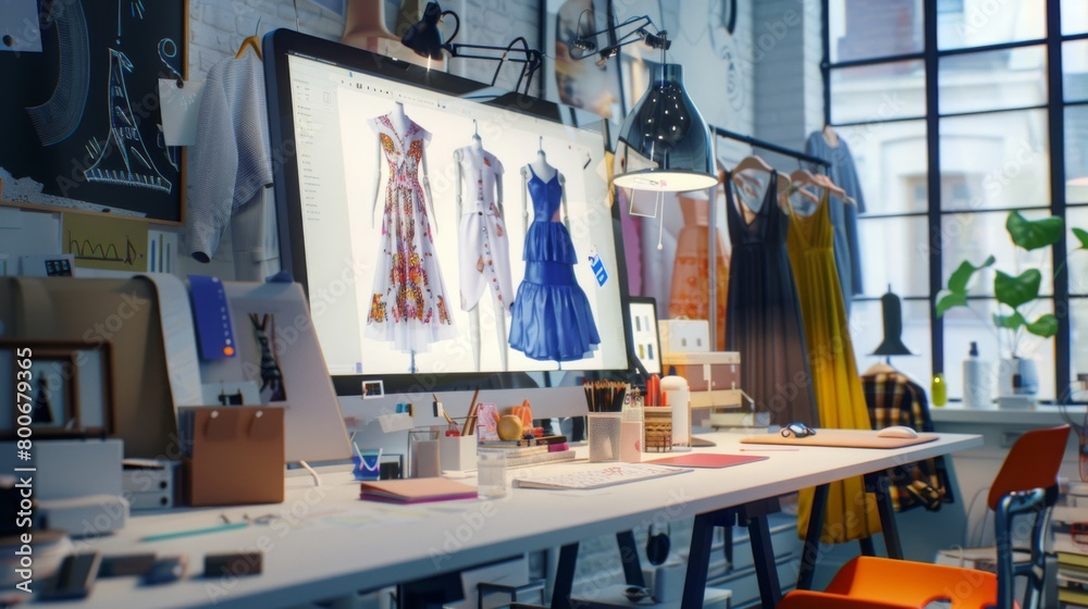 Fashion Design Studio Workspace With Drafts and Fabrics