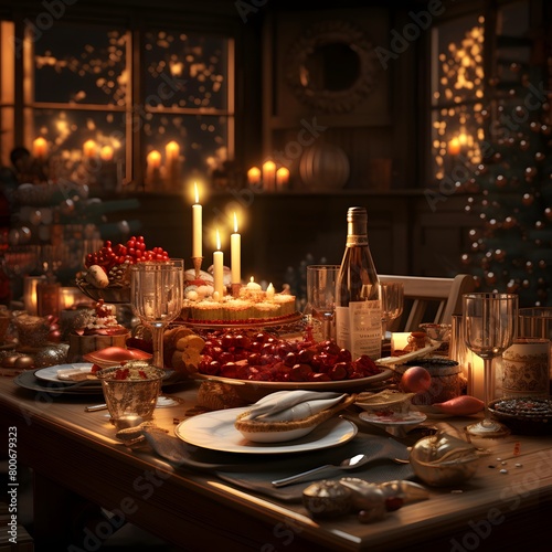 Christmas table with gifts, candles and sweets. 3d rendering.