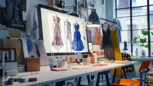Fashion Design Studio Workspace With Drafts and Fabrics © Prostock-studio
