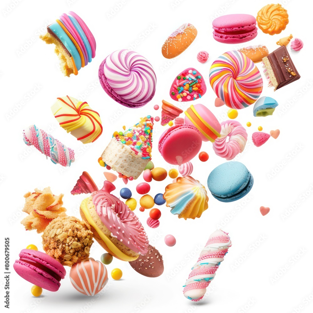 colorful flying sweets baked goods on white background