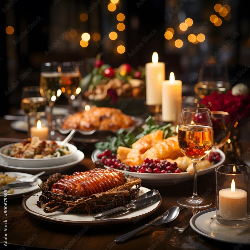 Traditional christmas dinner on wooden table in dark room with candles.