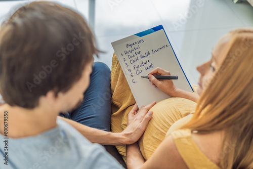 Expectant woman and her husband diligently compiles a list of childbirth costs, planning and organizing financial considerations for the upcoming delivery
