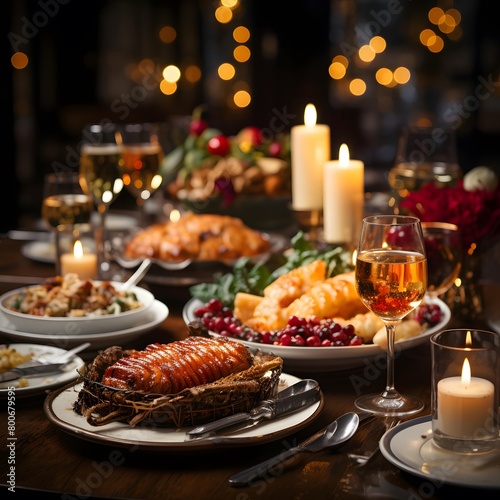 Traditional christmas dinner on wooden table in dark room with candles.