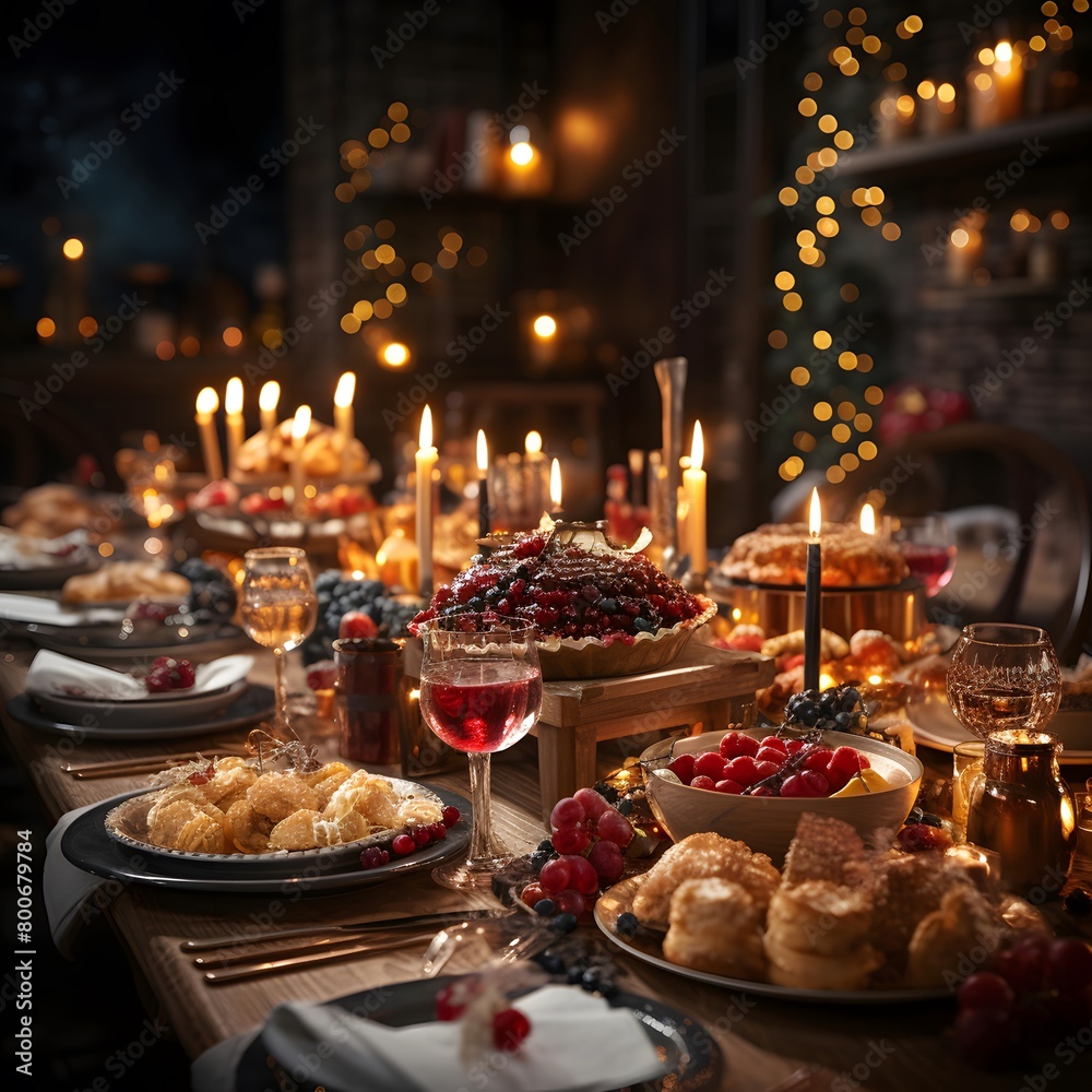 Festive table with cakes, muffins and candles in the dark