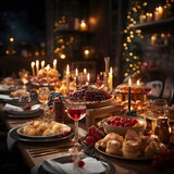 Festive table with cakes, muffins and candles in the dark