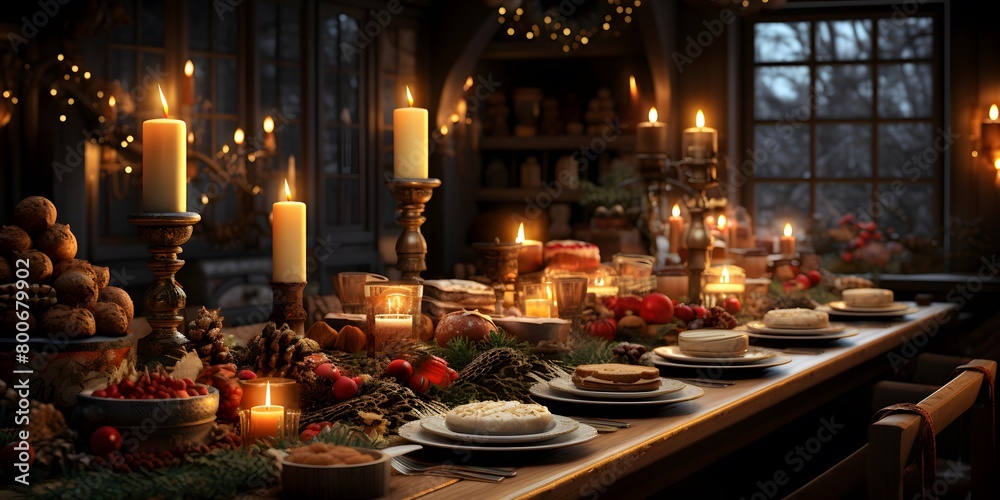 Elegant Christmas table decoration with candles, food and decorations.