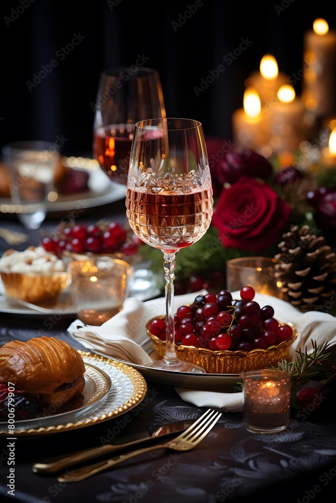 Christmas table setting with wine and croissants. Selective focus.