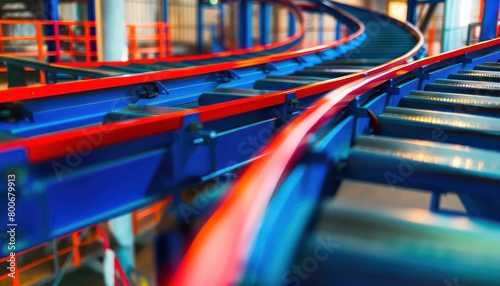conveyor blue and red line in a warehouse, natural light, colourful, vibrant, high-energy imagery, long exposure, sunlight