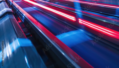 conveyor blue and red line in a warehouse, natural light, colourful, vibrant, high-energy imagery, long exposure, sunlight © Dekastro