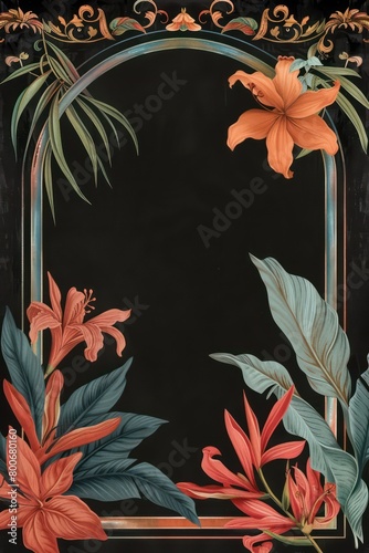 vintage-style black bold poster framed with decent decorative tropical flowers at the corners and the bottom