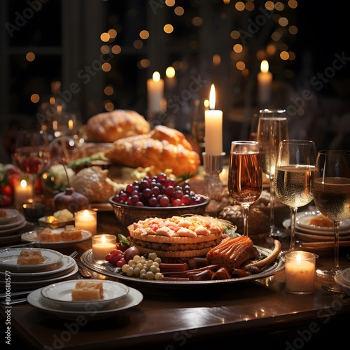 Festive table with a lot of food and wine. Selective focus.