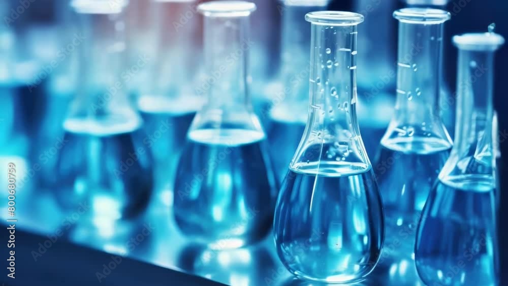 A row of blue glass beakers filled with water