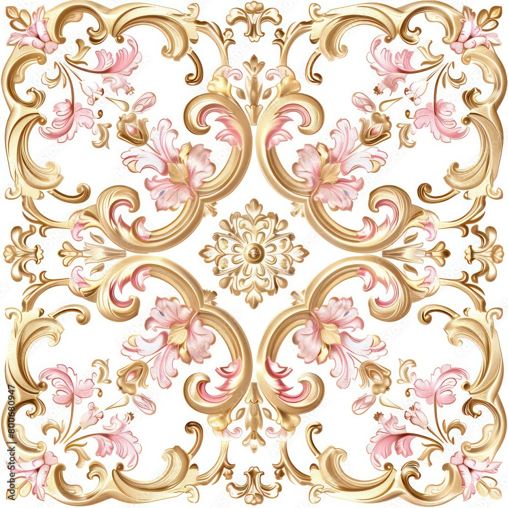 baroque ornament gold and pink plain white background