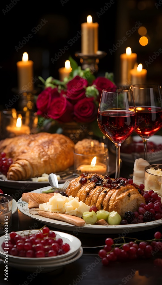 Romantic dinner with wine, croissants and fruits on table