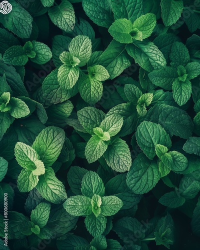 A closeup of fresh, vibrant green mint leaves spread out on the ground. 