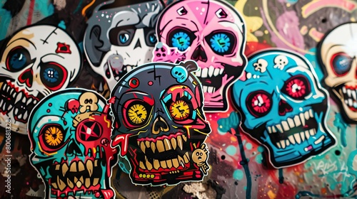 multiple awesome design worn colorful angry monster Skulls and bone stickers on top of each other  Street art style