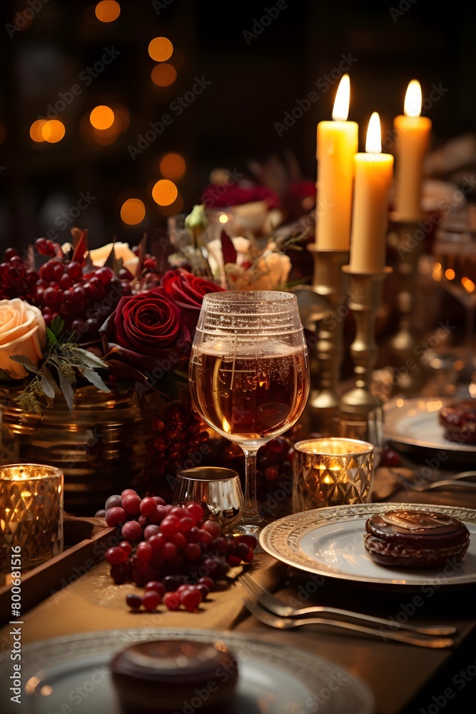 Festive table setting for Christmas or New Year dinner in dark room