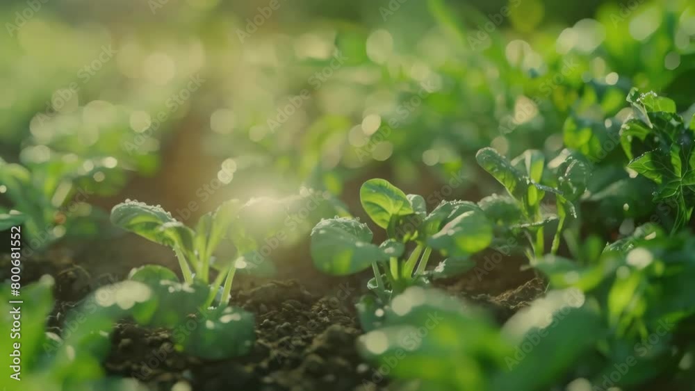 A field of green plants with some droplets of water on them A field of green plants with some droplets of water on them
