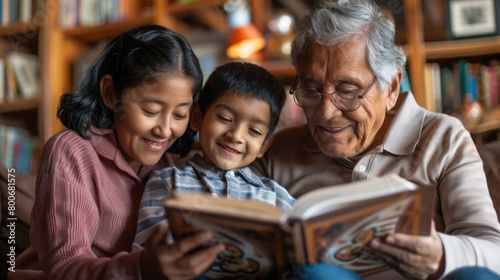 Older Man and Two Young Children Reading a Book photo