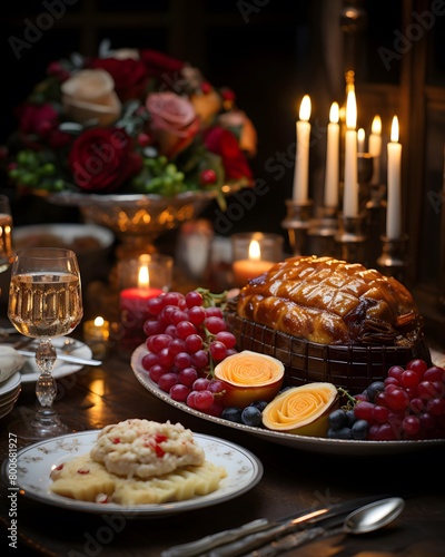 Table served for christmas dinner in dark room with candles and fruit