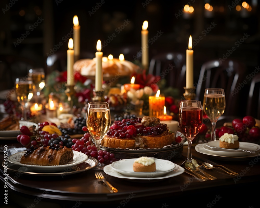 Festive table with different kinds of food and wine in the restaurant