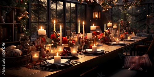 Beautiful Christmas table setting with candles and decorations. Selective focus.