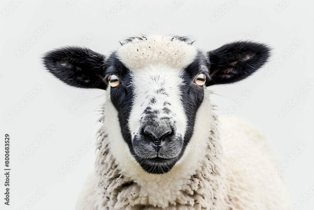 adorable black and white sheep face closeup curious expression isolated on white