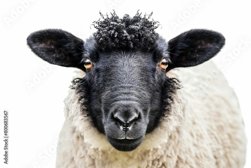 adorable black and white sheep face closeup curious expression isolated on white