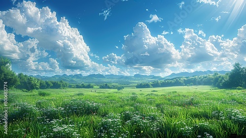 Nature, green meadow and blue sky with clouds, clouds in the form of animals, think up yourself what kind,highly detailed,high-speed photography