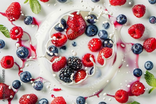 assorted berries bursting in circular milk splash abstract photo