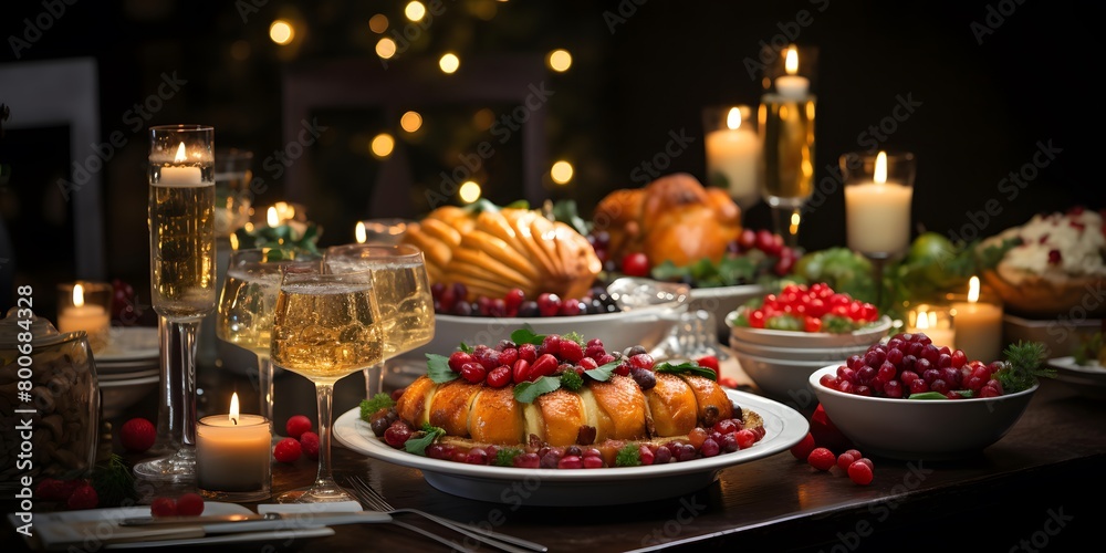 Festive table with variety of food and drinks for christmas dinner