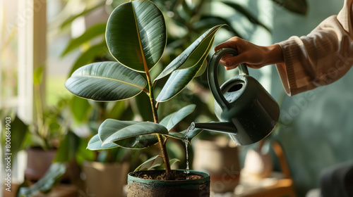 Watering a Healthy Rubber Plant at Home photo