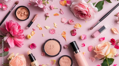 Pink Table With Makeup and Flowers