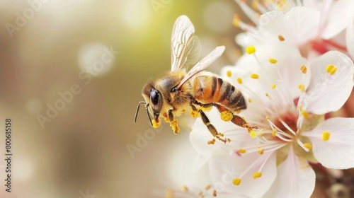 A macro shot of a bee covered in bright yellow pollen flying towards a white flower with pink speckles.. © Justlight