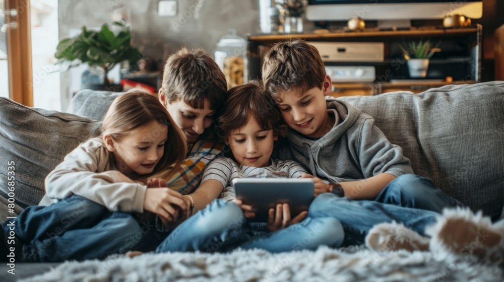 Three Children Sitting on a Couch Looking at a Tablet