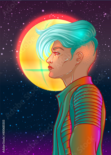 Portrait of a young pretty androgynous woman with short shaved pixie undercut in retro futurism style. Vector illustration in neon bright colors. Dyed short hair. futuristic synth wave flyer template