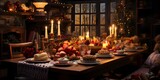 A panoramic shot of a rustic table full of food