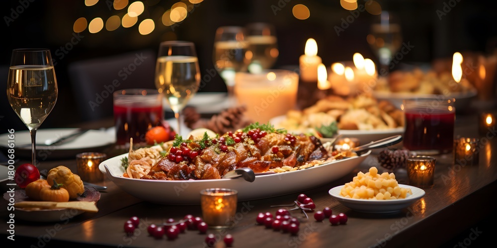 Traditional christmas table with food and wine. Selective focus.