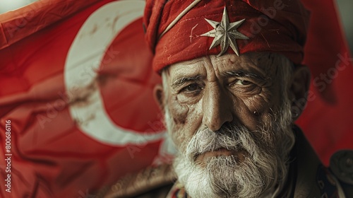 a cinematic portrayal of an old ottoman soldier with turkish flag on his head