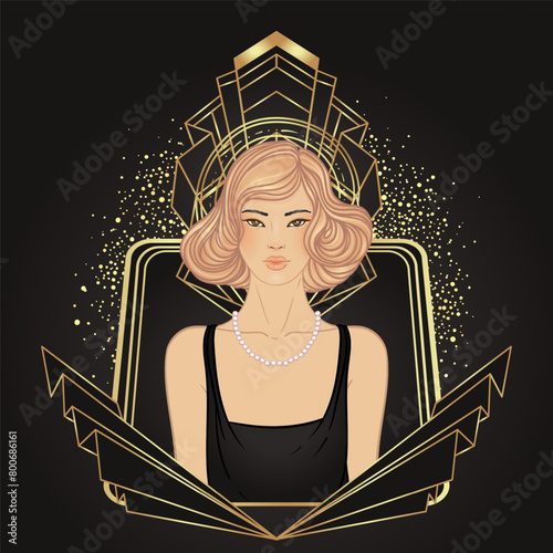 Retro fashion, glamour girl of twenties. Asian pretty woman. Vector illustration. Flapper 20s style. Vintage party invitation design template. Fancy asian lady.