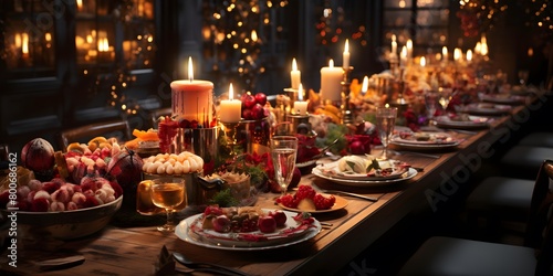 Festive table with food and wine in the restaurant. Festive dinner in the dark.