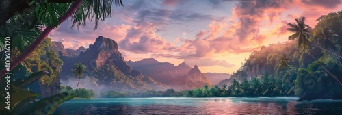 beautiful tropical sunset with lush jungle and mountains