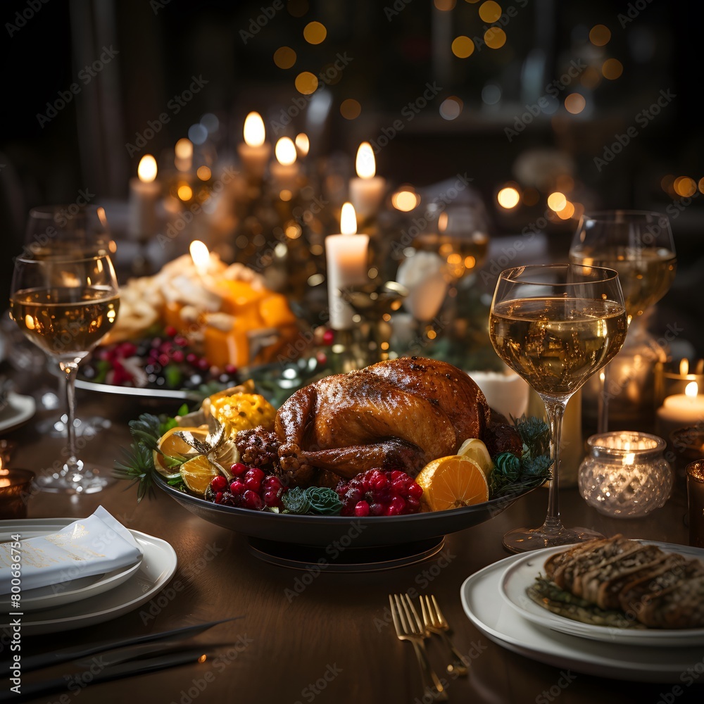 Christmas table setting with roasted turkey and candles. Selective focus.